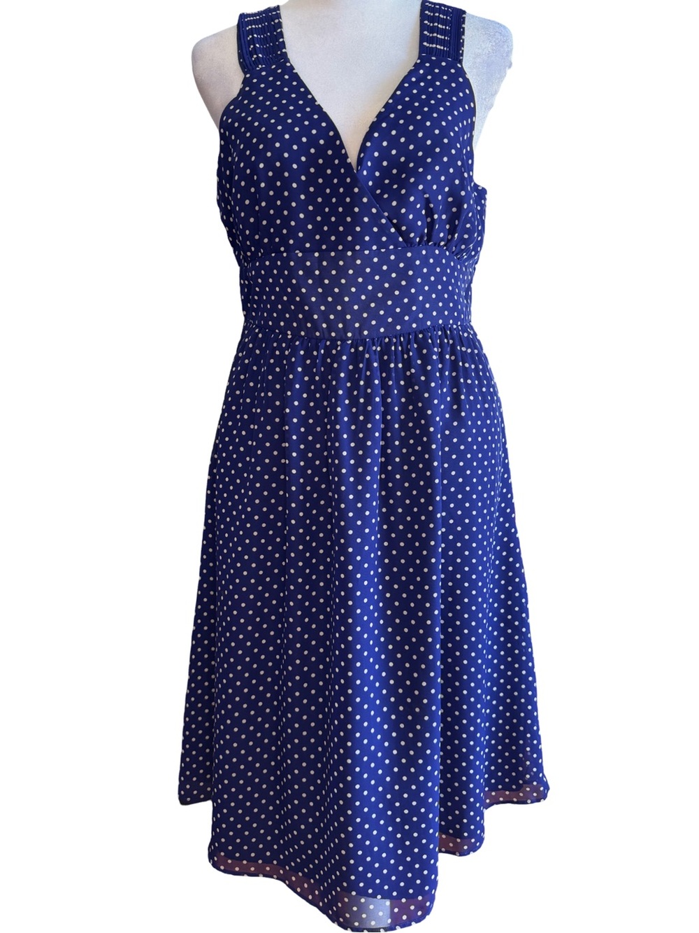 Gap Babydoll Blue And White Polka Dotted Sleeveless V Neck Dress